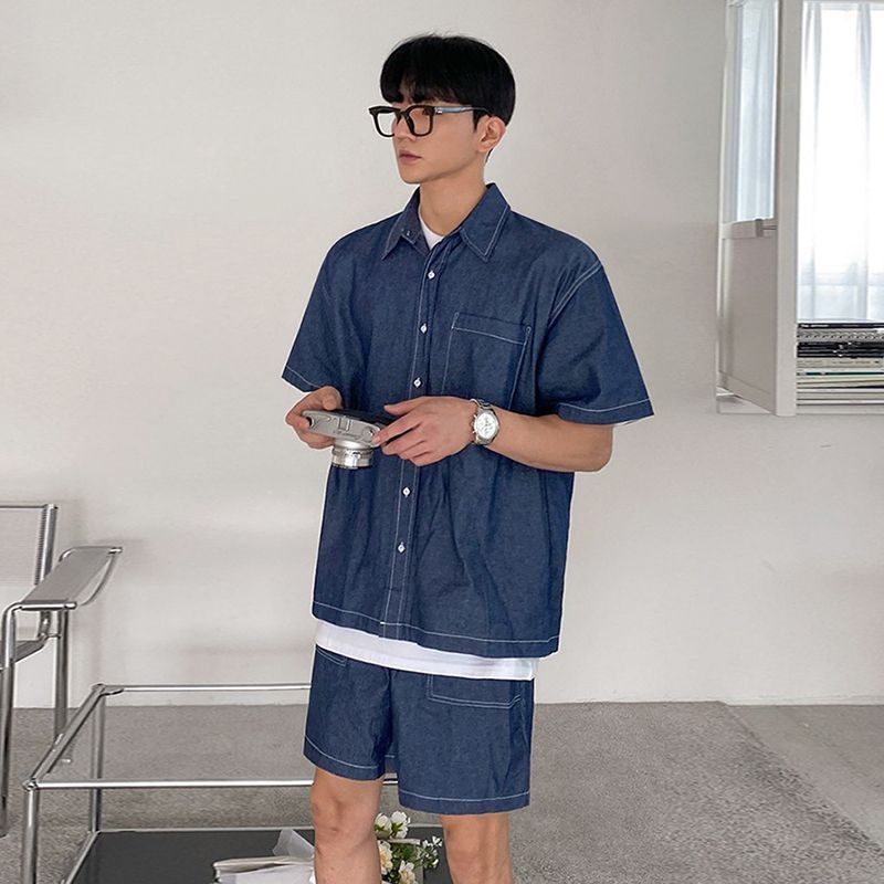 Workwear Short Sleeve Denim Shirt Jacket Men's Denim Shorts