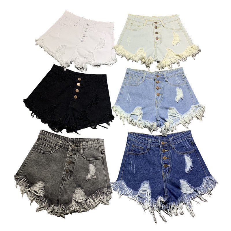 High-waist breasted denim shorts
