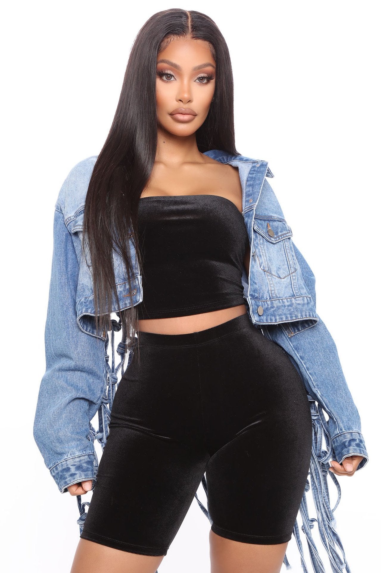 Fashion Ladies Mesh Fringed Denim Jacket