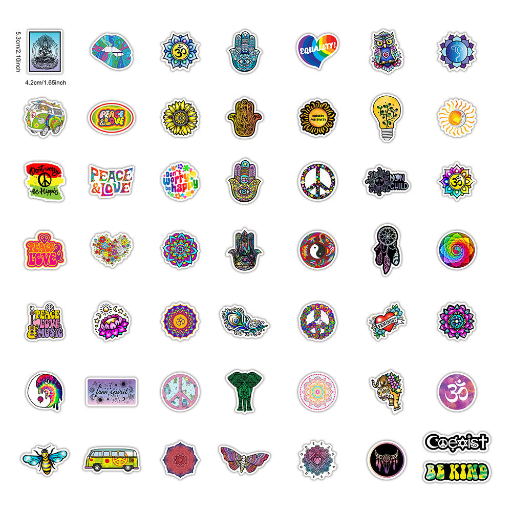 50 Retro Hippie Stickers Love And Peace Motorcycle Laptop Suitcase Skateboard DIY Diary Stationery PVC Waterproof Stickers 9 Orders