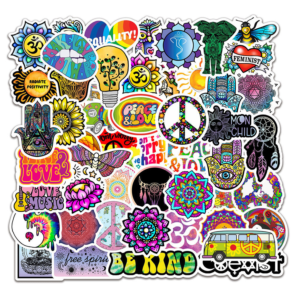50 Retro Hippie Stickers Love And Peace Motorcycle Laptop Suitcase Skateboard DIY Diary Stationery PVC Waterproof Stickers 9 Orders