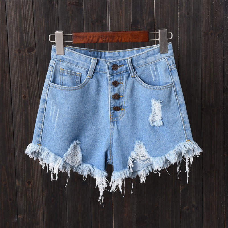 High-waist breasted denim shorts