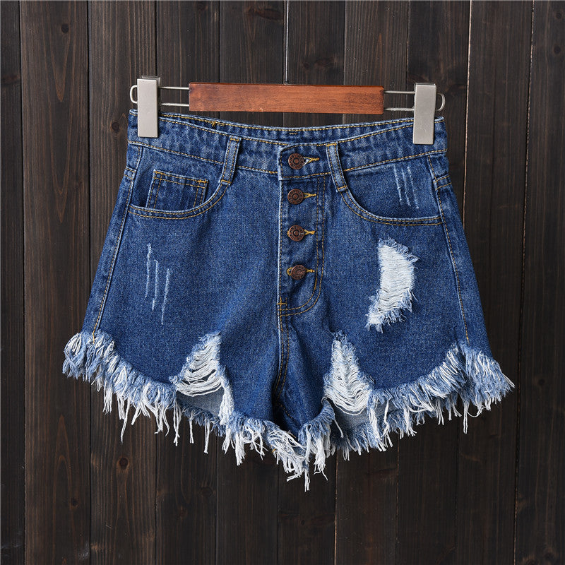 High-waist breasted denim shorts
