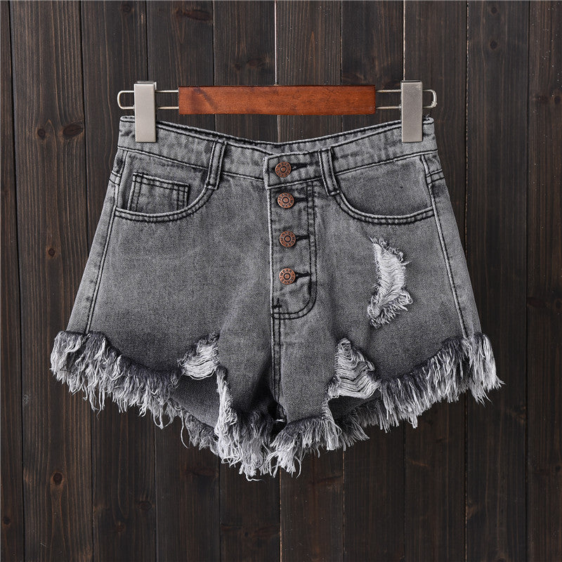 High-waist breasted denim shorts