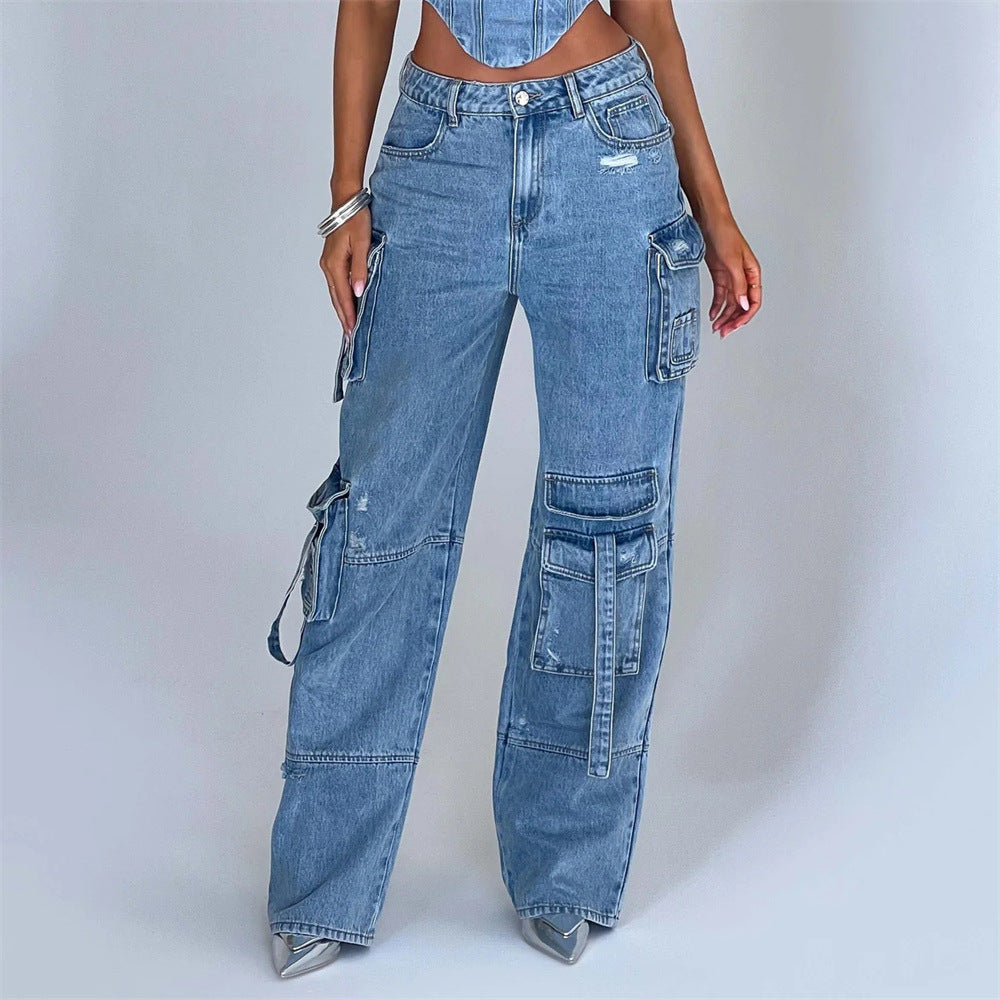 Low Waist Three-dimensional Pocket Jeans