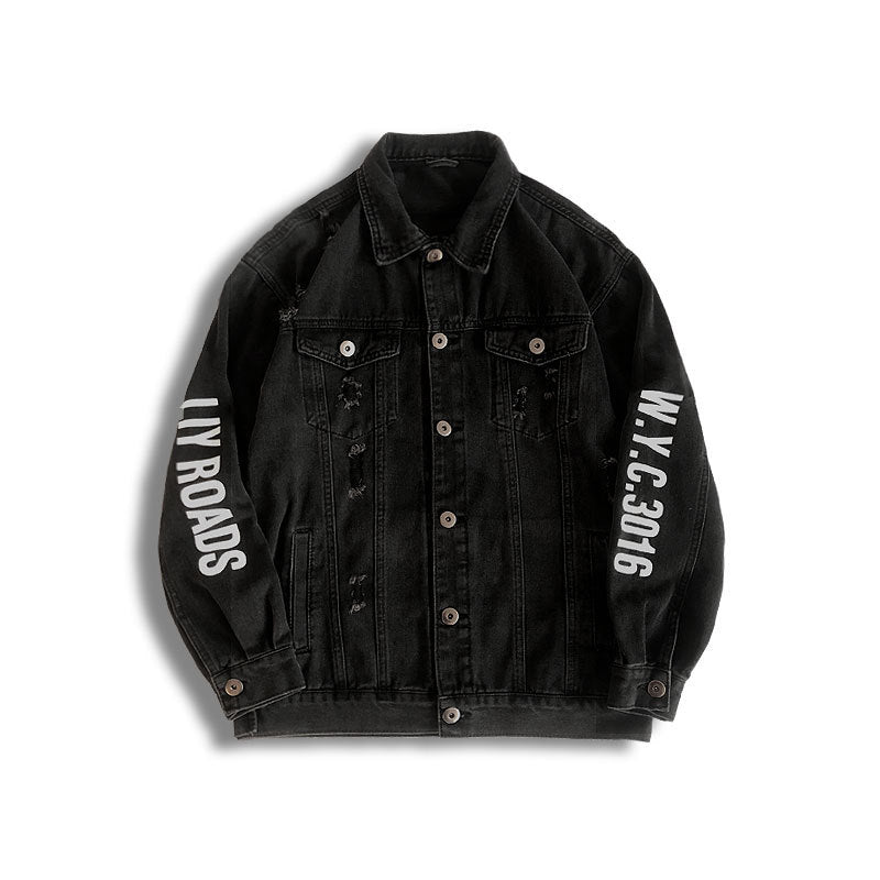 Letter print ripped denim jacket