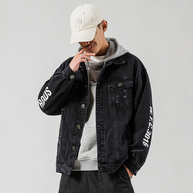 Letter print ripped denim jacket