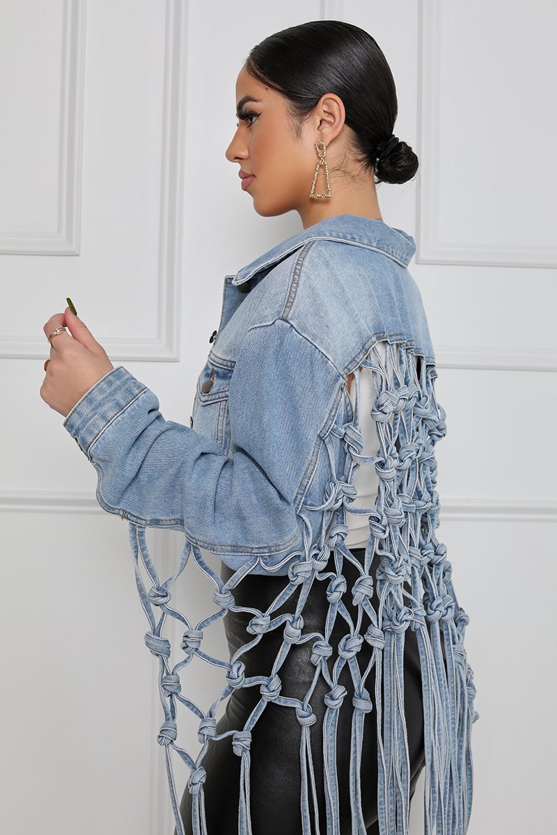 Fashion Ladies Mesh Fringed Denim Jacket