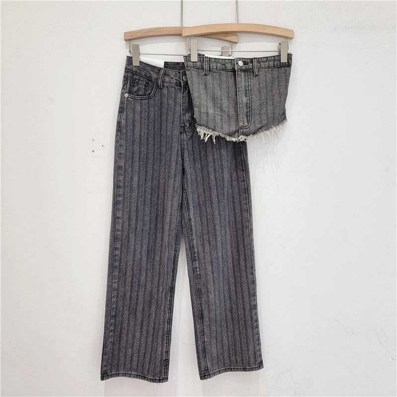 Wash Light Blue Denim Tube Top Trousers Suit