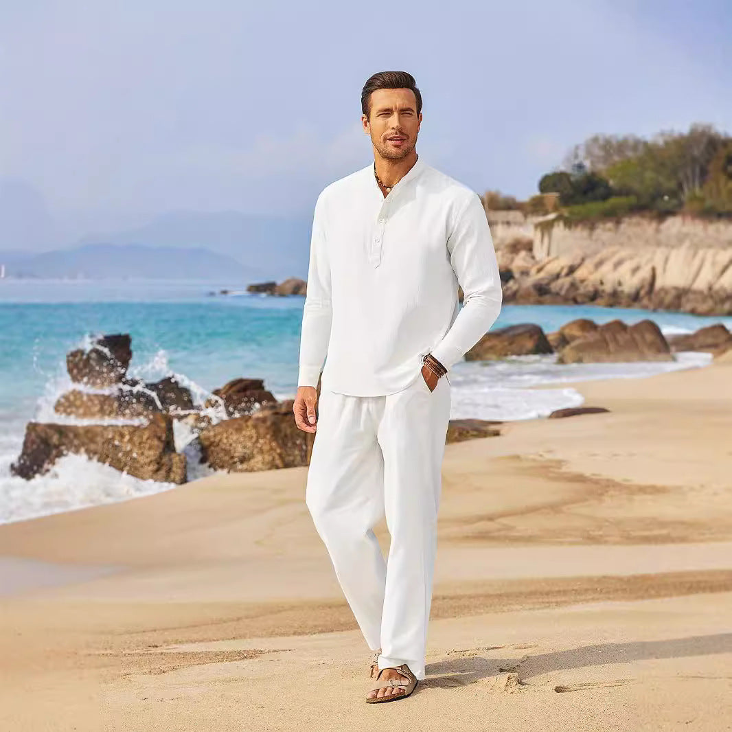 Casual Cotton Linen Long Sleeve Trousers Suit