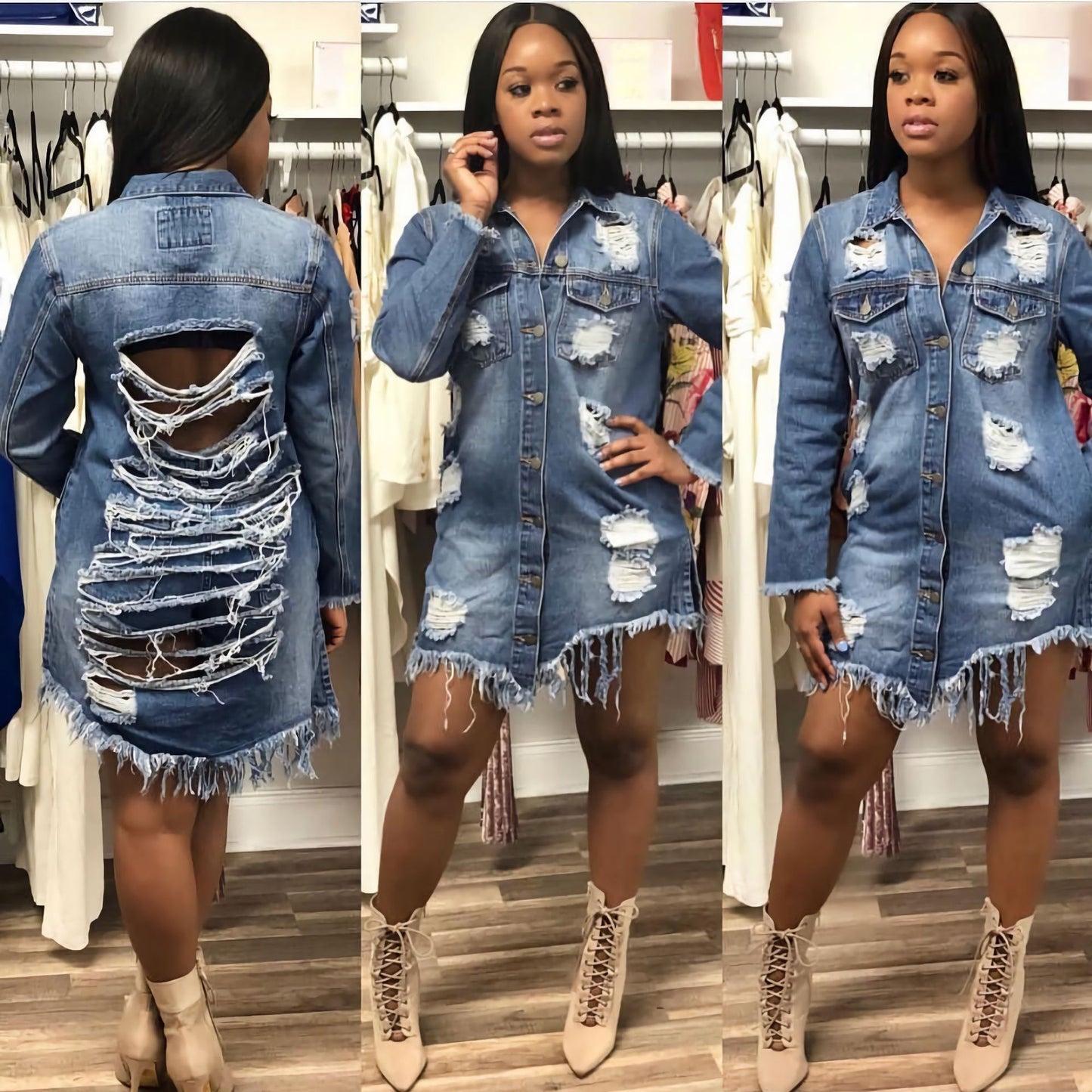 Ripped mid-length torn denim jacket