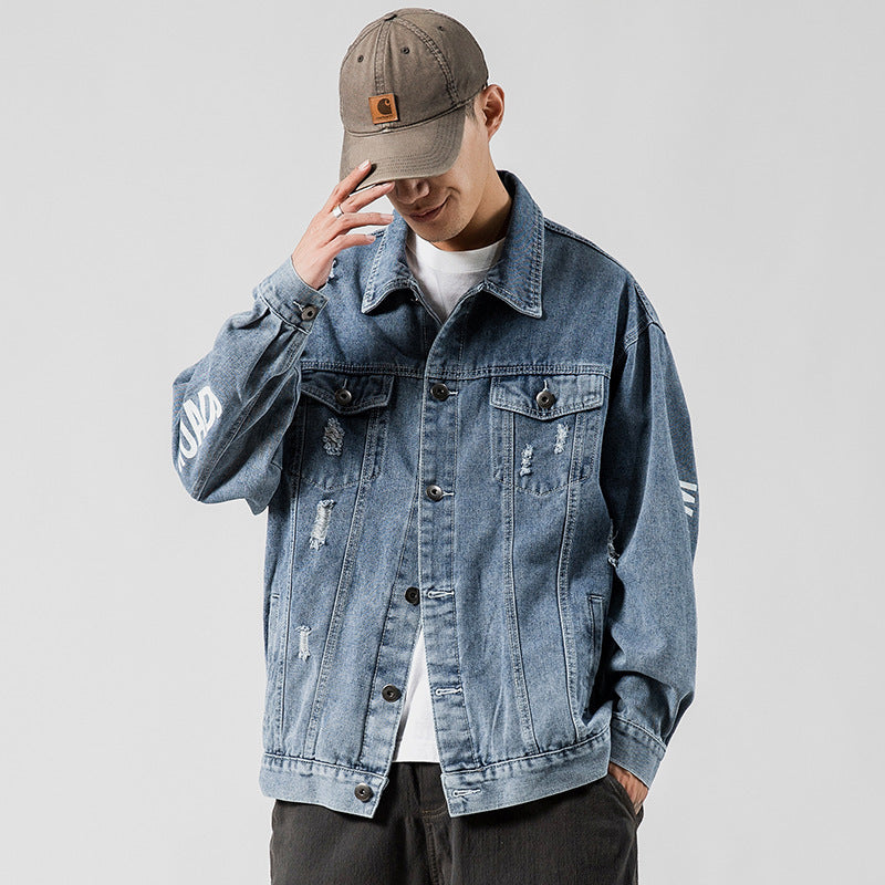 Letter print ripped denim jacket