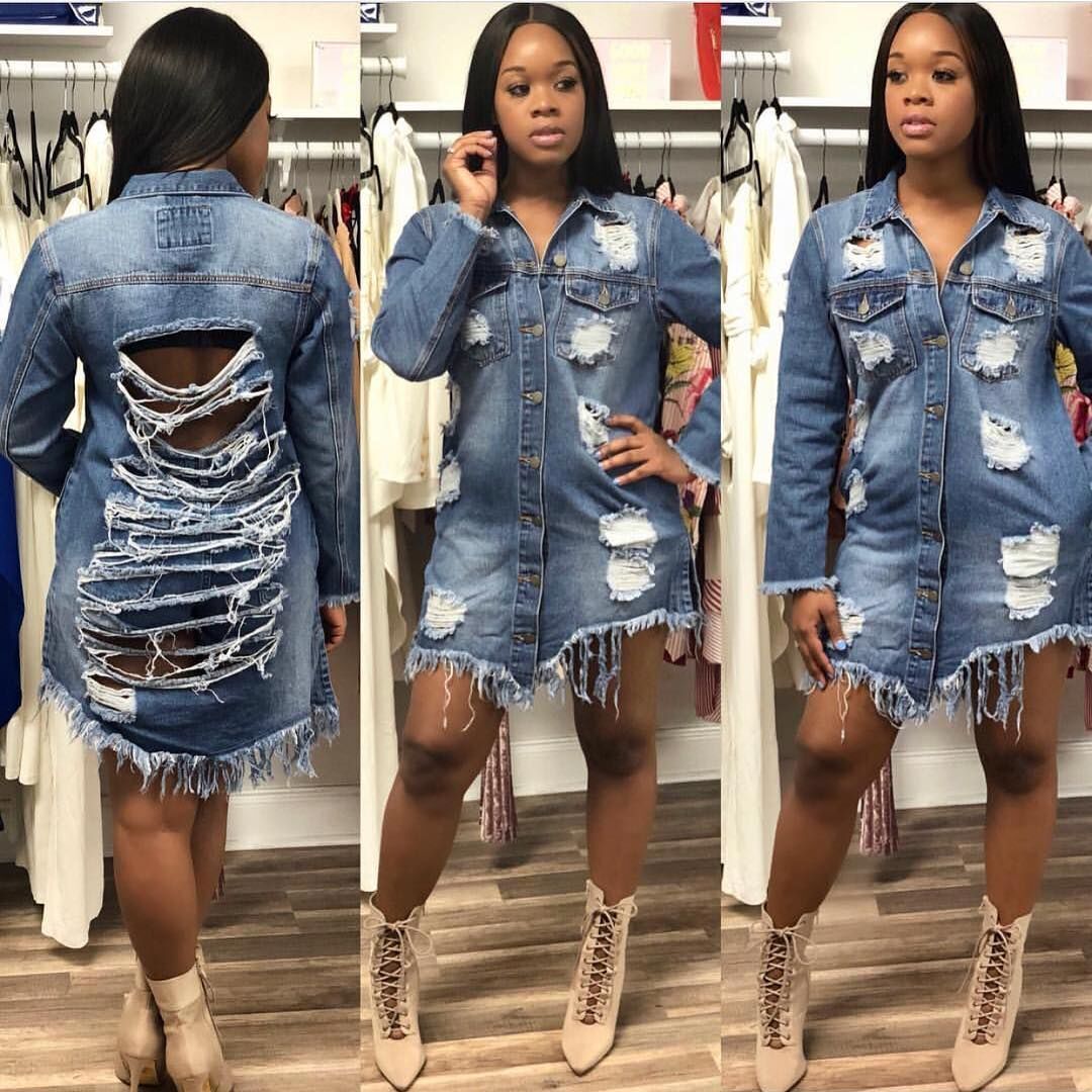 Ripped mid-length torn denim jacket
