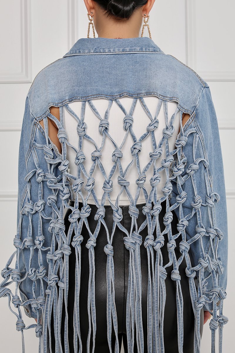 Fashion Ladies Mesh Fringed Denim Jacket