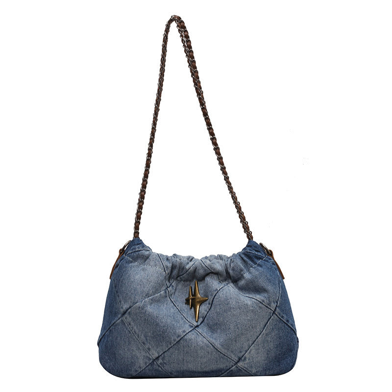 Denim Women's Bag Denim Blue Woven Chain Messenger Bag Rhombic Embroidery Thread
