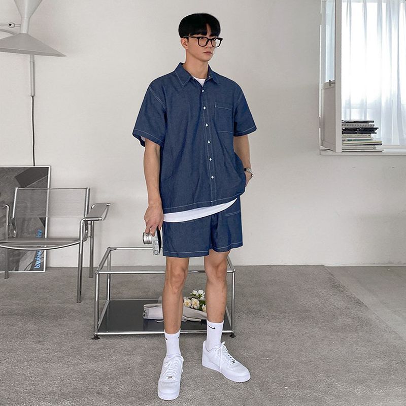 Workwear Short Sleeve Denim Shirt Jacket Men's Denim Shorts