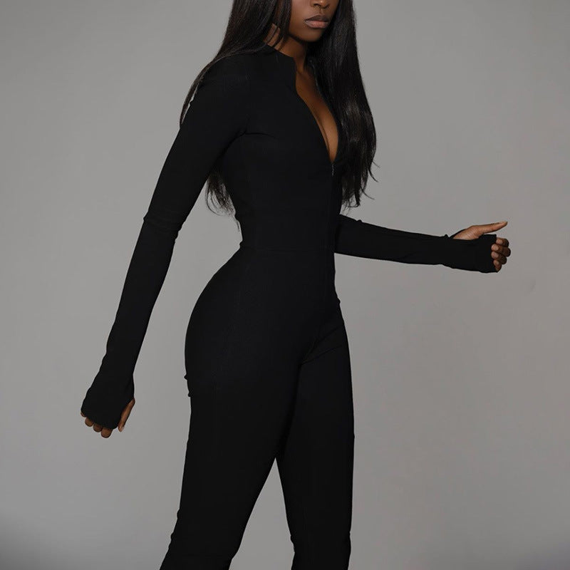 High Waist Zipper Slim Fit Sports Jumpsuit