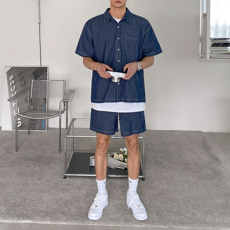 Workwear Short Sleeve Denim Shirt Jacket Men's Denim Shorts