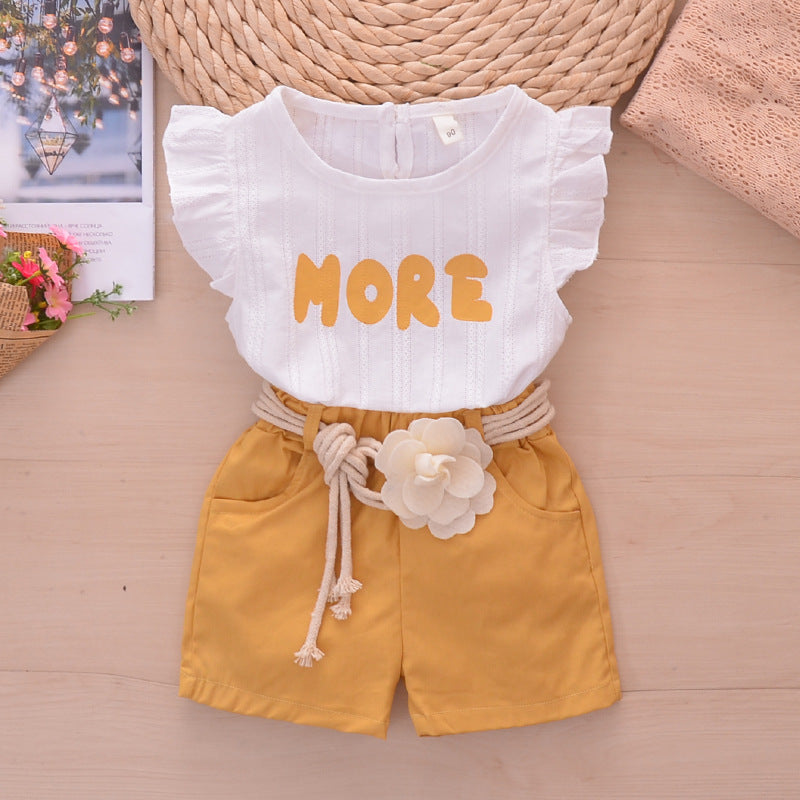 Girls Cotton Flying Sleeve Jacquard Ruffled To Shorts Two-piece Flower Belt Princess Pants Suit