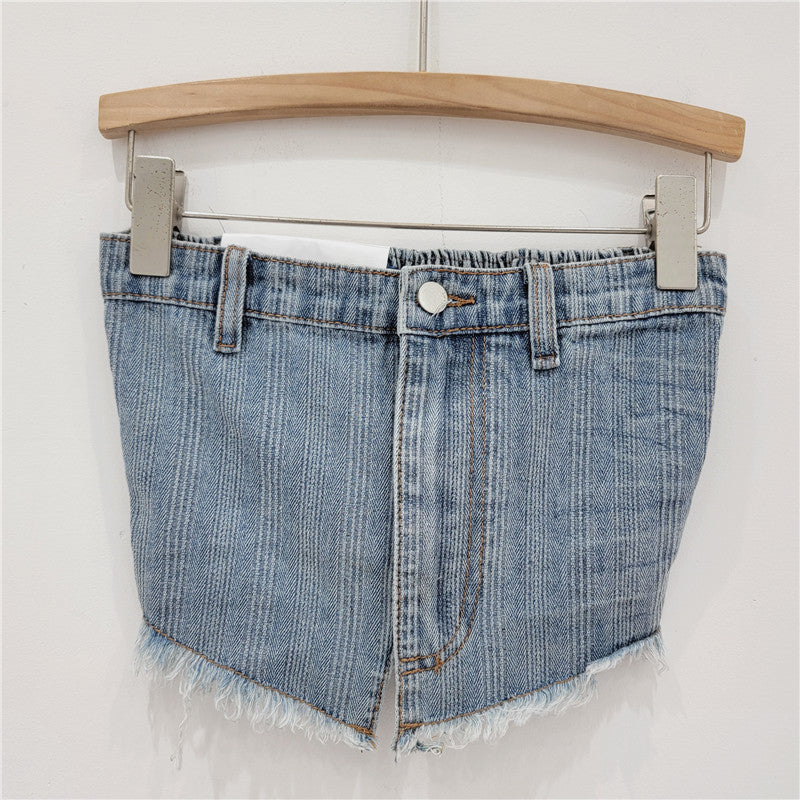 Wash Light Blue Denim Tube Top Trousers Suit