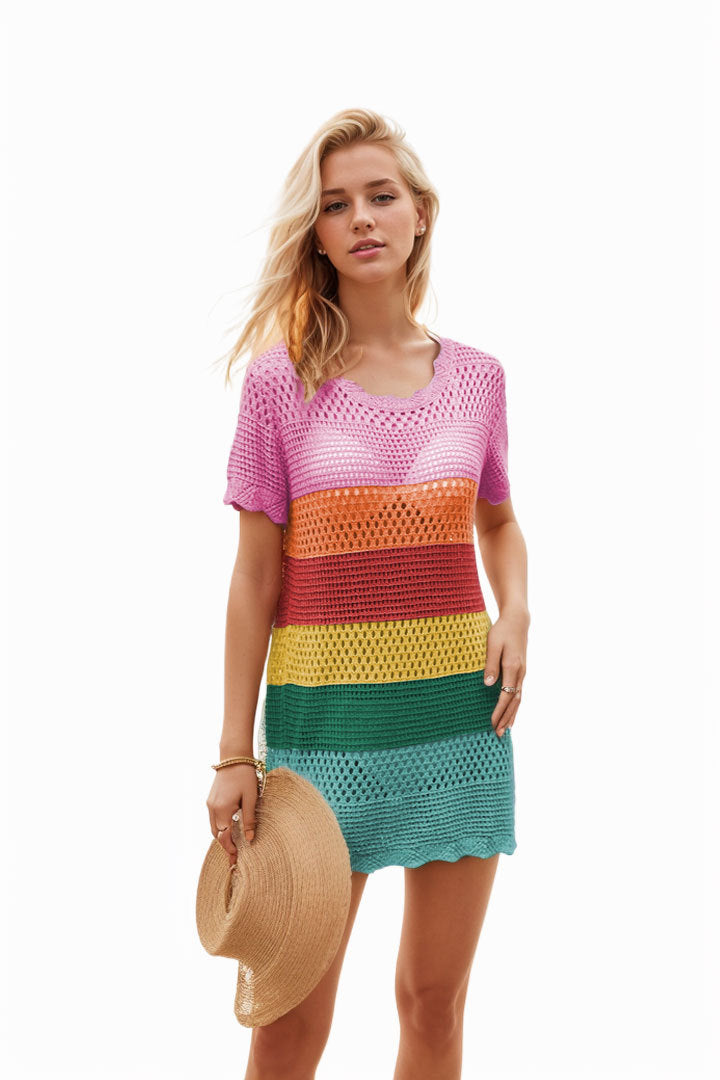Round Neck Beach Hollow Striped Dress