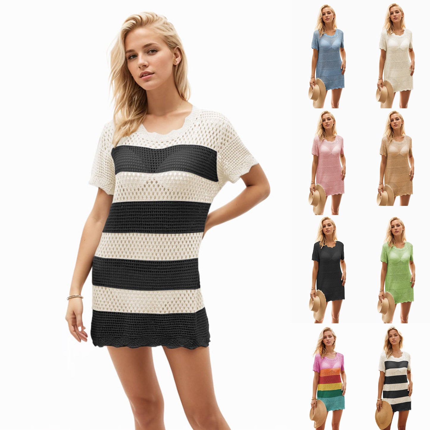 Round Neck Beach Hollow Striped Dress