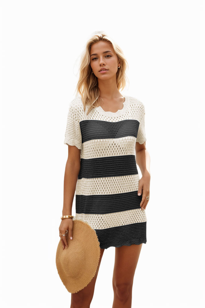 Round Neck Beach Hollow Striped Dress