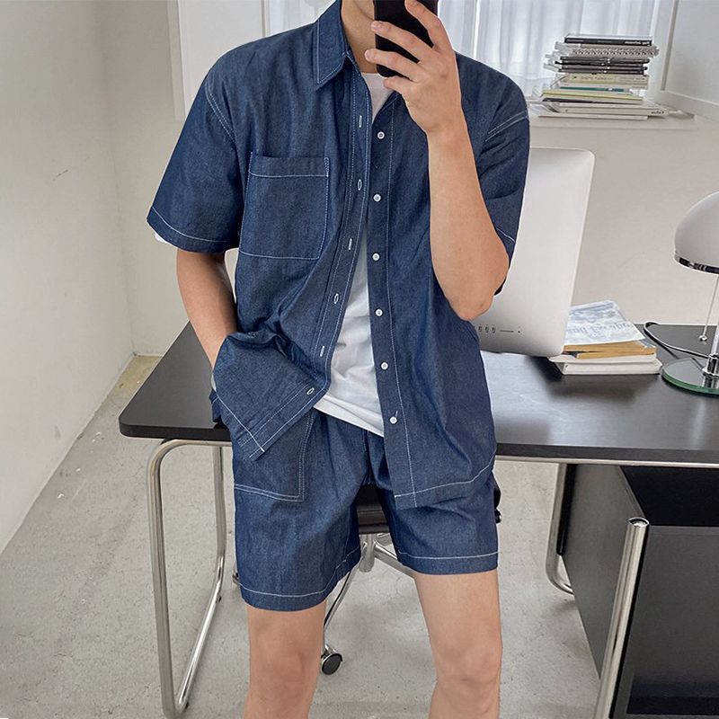 Workwear Short Sleeve Denim Shirt Jacket Men's Denim Shorts