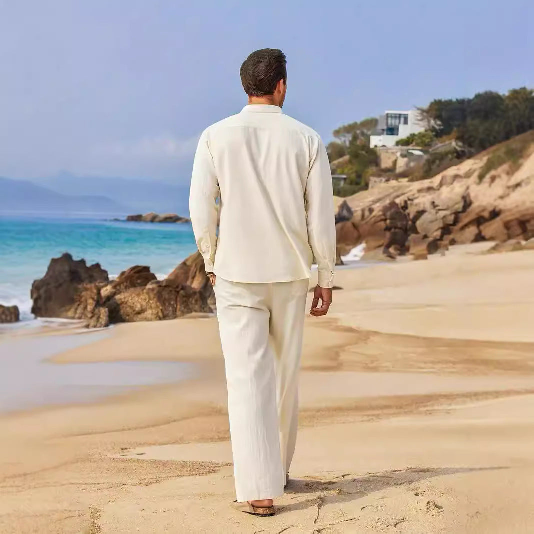 Casual Cotton Linen Long Sleeve Trousers Suit