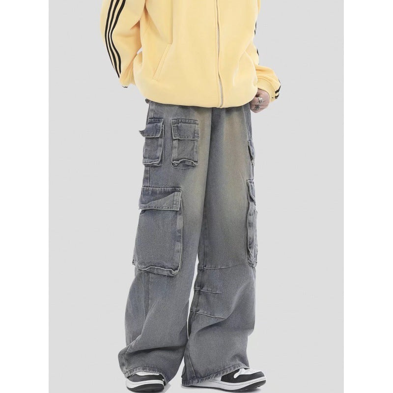 American Retro Multi-pocket Straight Cargo Jeans