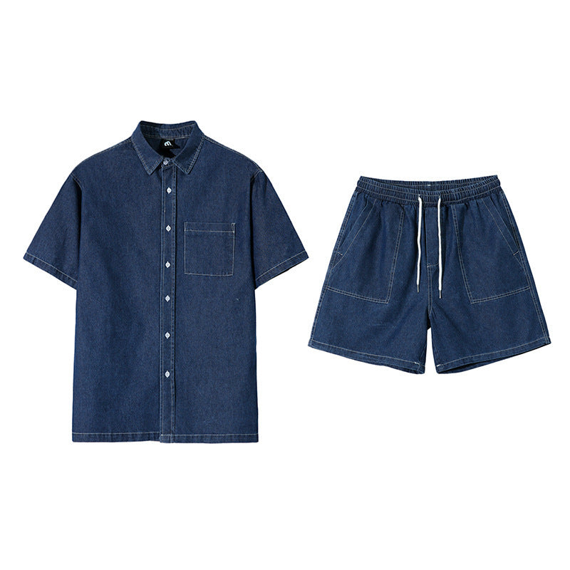 Workwear Short Sleeve Denim Shirt Jacket Men's Denim Shorts
