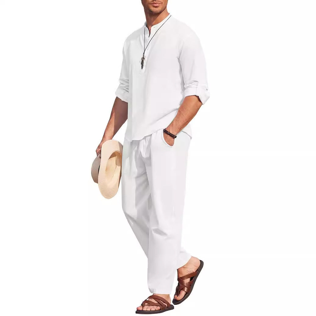 Casual Cotton Linen Long Sleeve Trousers Suit
