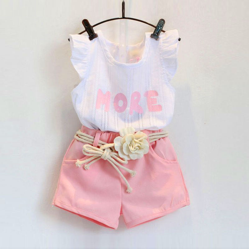 Girls Cotton Flying Sleeve Jacquard Ruffled To Shorts Two-piece Flower Belt Princess Pants Suit