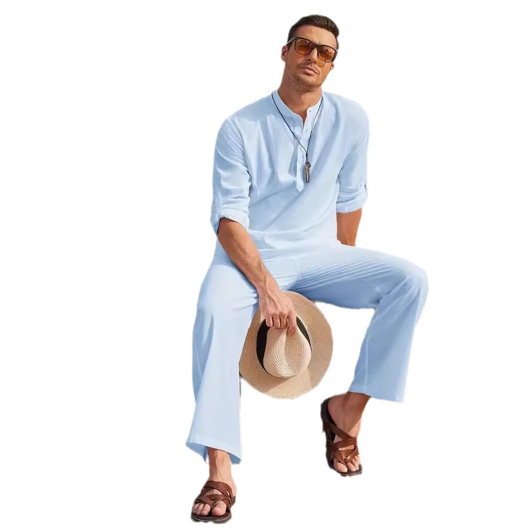 Casual Cotton Linen Long Sleeve Trousers Suit