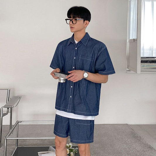 Workwear Short Sleeve Denim Shirt Jacket Men's Denim Shorts