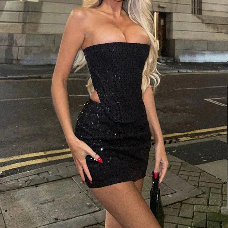 2pcs Denim Sequins Skirt Suit With Sexy Tube Top And Slim Skirt