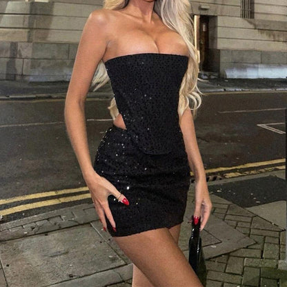 2pcs Denim Sequins Skirt Suit With Sexy Tube Top And Slim Skirt
