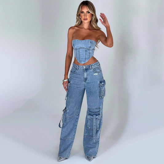 Low Waist Three-dimensional Pocket Jeans