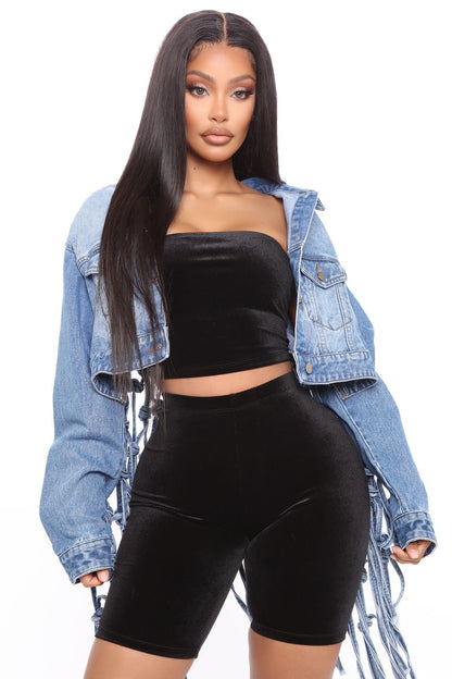 Fashion Ladies Mesh Fringed Denim Jacket