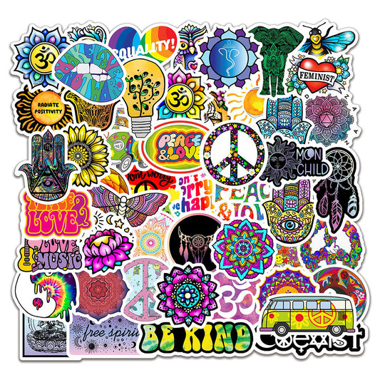 50 Retro Hippie Stickers Love And Peace Motorcycle Laptop Suitcase Skateboard DIY Diary Stationery PVC Waterproof Stickers 9 Orders