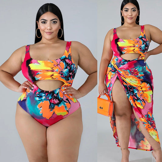 Plus Size Swimsuit One-piece Skirt Print