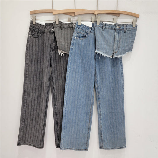 Wash Light Blue Denim Tube Top Trousers Suit