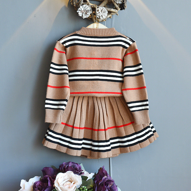 Girls Sweater Knit Striped Pleated Skirt Set