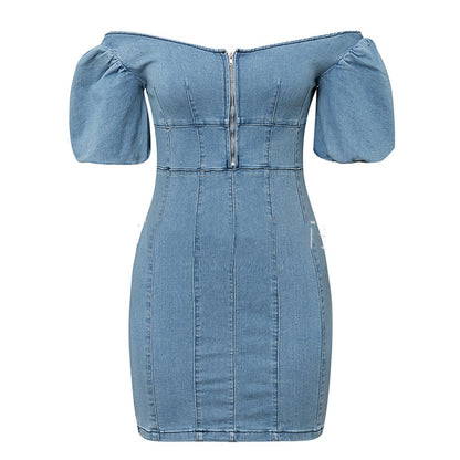 One-neck zipper denim hip dress