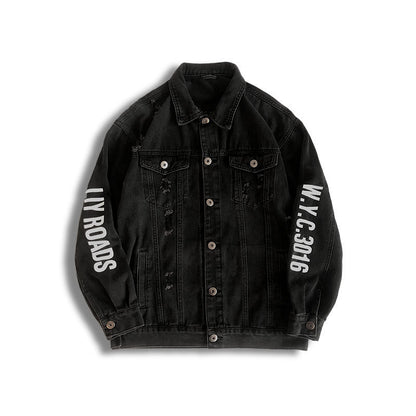 Letter print ripped denim jacket