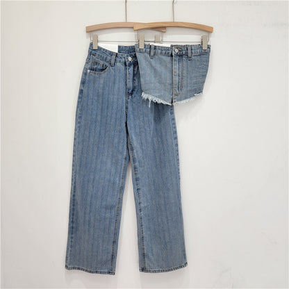 Wash Light Blue Denim Tube Top Trousers Suit