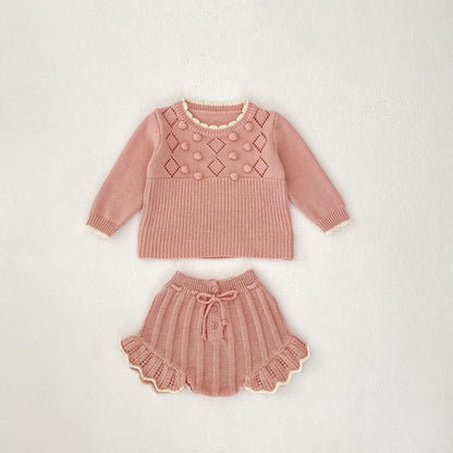 0-3 Years Baby Girl Scalloped Sweater Handmade Ball Top Shorts Suit