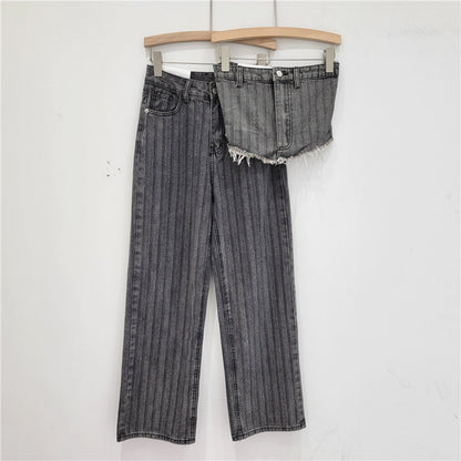 Wash Light Blue Denim Tube Top Trousers Suit
