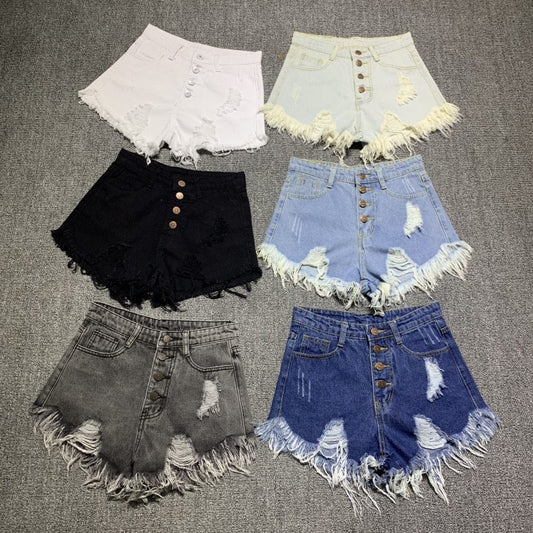 High-waist breasted denim shorts