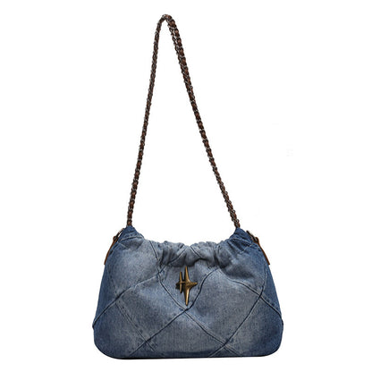 Denim Women's Bag Denim Blue Woven Chain Messenger Bag Rhombic Embroidery Thread